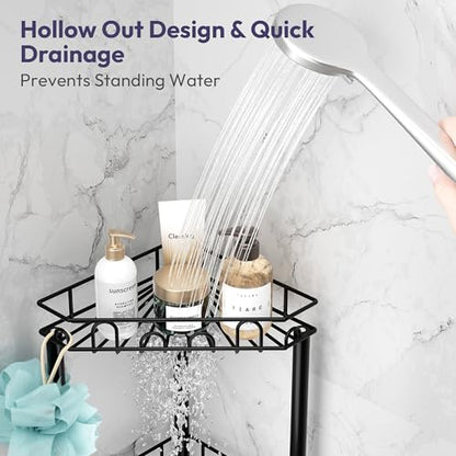 Standing Shower Caddy Corner - 3‑Tier Stainless Steel Shower Organizer Shelf with 12 Hooks and Adhesive Pads, Rustproof Corner Shelves Stand Rack for Bathroom Shower Room, Black