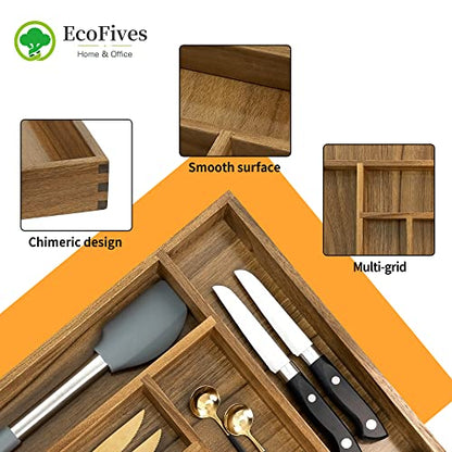 Luxury Acacia Kitchen Drawer Organizer - Silverware Organizer - Utensil Holder and Cutlery Tray with Grooved Drawer Dividers for Flatware and Kitchen Utensils (6 Slot)