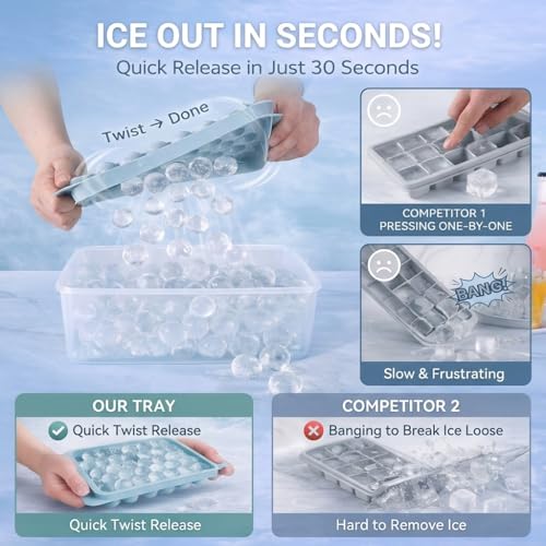Ice Cube Tray with Lid and Bin, 1" Round Ice Trays for Freezer | 2 Blue Ice Cube Trays with Ice Box & Tong, 1" Round Ice Balls for Iced Coffee & Juice, Easy Twist Release, For Gatherings