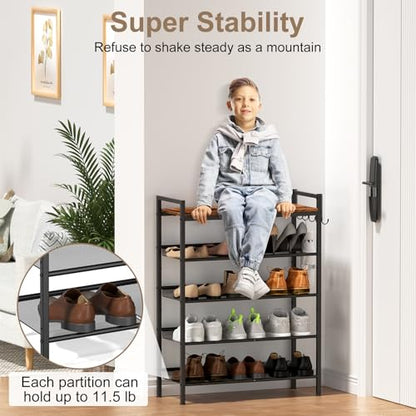 Refrze Shoe Rack for Front Door Entrance, 4 Tier Height-Adjustable Metal Shoe Rack, Sturdy Wooden Top and Tiltable Steel Frame Heavy Duty Shoe Organizer for Bathroom,Bedroom,Kitchen，Include Hook