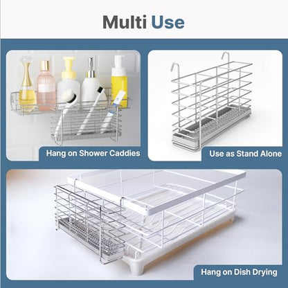 KESOL 304 Stainless Steel Utensil Holder Drying Rack with Hooks, 2x8.7x5 | Utensil Drying Rack, Sink Caddy, Silverware Drying Rack Spoon Organizer, 3 Divided Compartments, Rust Proof, No Drilling