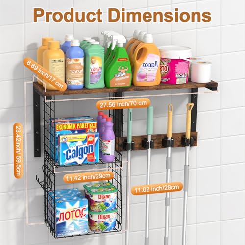 Housolution Wall Mount Broom Holder Laundry Room Storage Organizer Shelves | Thickened Metal Frame, 100 LBS High Load-Bearing, Large Capacity, Multifunctional with 2 Baskets, 4 Grippers & Hooks