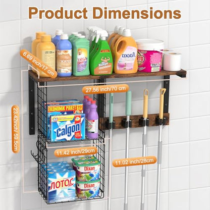 Housolution Wall Mount Broom Holder Laundry Room Storage Organizer Shelves | Thickened Metal Frame, 100 LBS High Load-Bearing, Large Capacity, Multifunctional with 2 Baskets, 4 Grippers & Hooks