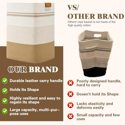 Laundry Hamper, 85L Tall Laundry Basket with Leather Handles, Rectangle Large Clothes Hamper for Organizing, Cotton Woven Laundry Baskets Storage Hampers for Bedroom, Nursery, Living Room
