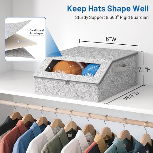 Sturdy Hat Storage for Baseball Caps, Holds up to 24 Caps Clear Hat Organizer for Closet, Bedroom, Wide Hat Box with Cardboard (Grey)