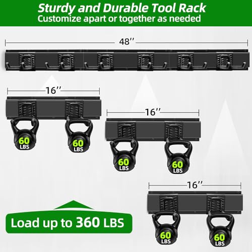 PIYILO Garage Wall Organizer, 48 inches Adjustable Garden Tool Organizer | Heavy-duty Alloy Steel, 360 LBS Load, Wear & Tear Resistant, Soft Anti-Scratch Hook Sleeves, For Lawn, Yard & Shed Storage