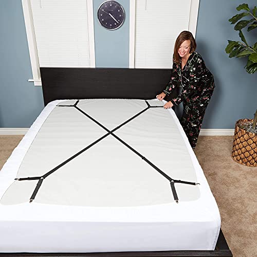 FeelAtHome Criss-Cross Bed Sheet Holders, 4 PCS Black, Mattress Straps | Keep Fitted Sheets Tightly in Place. Heavy Duty Criss Cross Elastic Mattress Suspenders with Strong Clamps. Fits All Beds