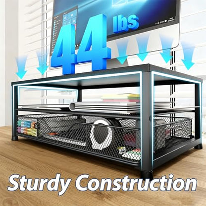 Desk Organizer and Accessories, 2-Tier Computer Monitor Stand Riser with Drawer and 2 Pen Holders, Laptop Stand, Office Desk Accessories for Office Supplies, Black