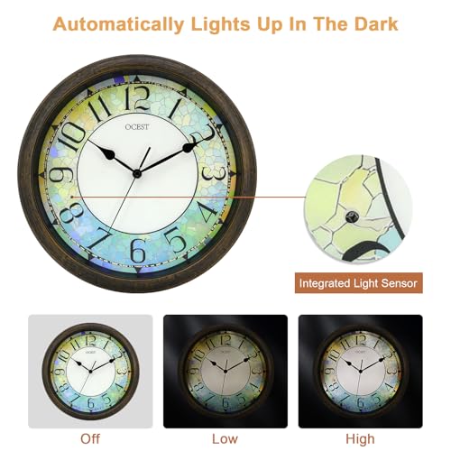 13 Inch Illuminated Wall Clock, Glow in The Dark, Brown | Silent battery movement, easy-read dial, for bedroom, bathroom, living room, kitchen, and home office decor