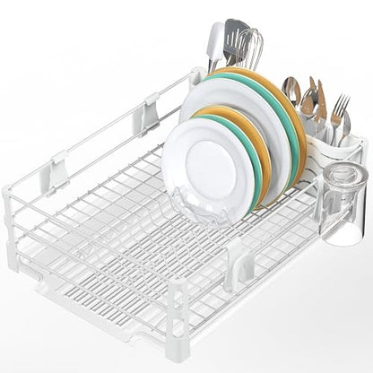 Simple Houseware Dish Drying Rack, White | with Drainboard, Utensil Holder and Mug Hooks