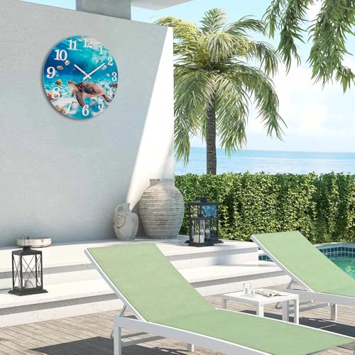 Yoiolclc Outdoor Clock Waterproof Ocean Nautical Wall Clocks for Patio Pool Garden Bathroom Home Decor(12 Inch,Blue,Sea Turtle)