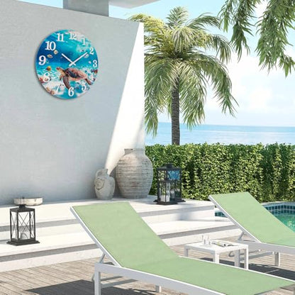 Yoiolclc Outdoor Clock Waterproof Ocean Nautical Wall Clocks for Patio Pool Garden Bathroom Home Decor(12 Inch,Blue,Sea Turtle)