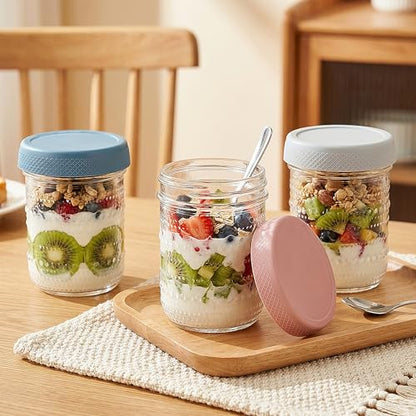 Overnight Oats Containers 16oz with Lids, 6 Pack Wide Mouth Mason Jars with Airtight Lids, Glass Food Storage Containers for Pickling, Fermenting, Snacks, Salad, Yogurt, Spice