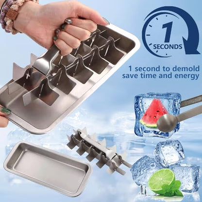 Stainless Steel Ice Cube Trays, Metal Ice Cube Trays for Freezer Vintage Inspired Design with Release Lever Remove Handle for Making Large Cubes Kitchen & Bar (1pcs)
