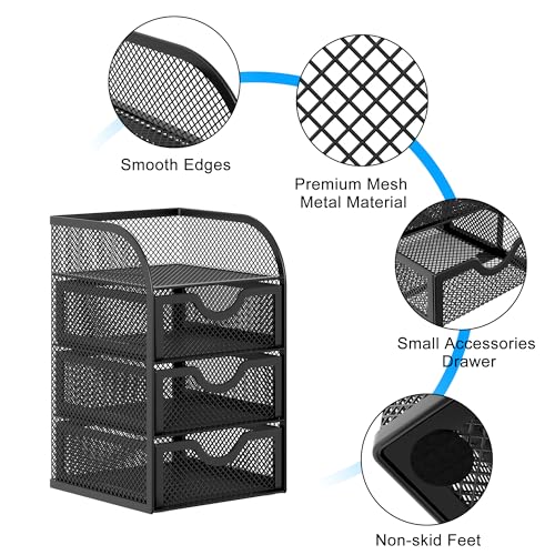 EasyPAG Mesh Desk Organizer with 3 Drawer Office Desktop Organizers and Accessories Stationery Caddy for Office, Home, Students, Black