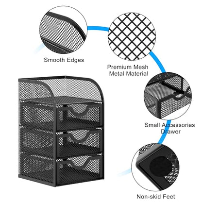 EasyPAG Mesh Desk Organizer with 3 Drawer Office Desktop Organizers and Accessories Stationery Caddy for Office, Home, Students, Black