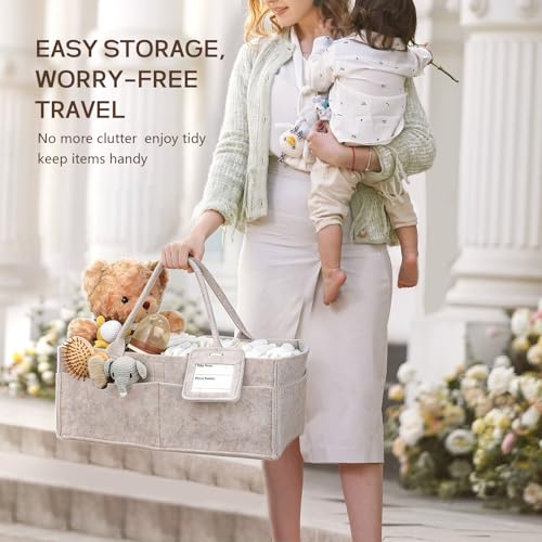Diaper Caddy Organizer - Large Baby Caddy Organizer with Handle (Oatmeal) | Newborn Registry Essentials, Portable Nursery Storage Bin for Wipes, Bottles, Baby Shower Basket Gifts for Boys or Girls