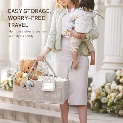 Diaper Caddy Organizer - Large Baby Caddy Organizer with Handle (Oatmeal) | Newborn Registry Essentials, Portable Nursery Storage Bin for Wipes, Bottles, Baby Shower Basket Gifts for Boys or Girls