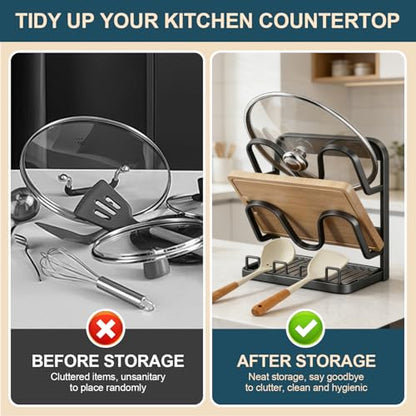 Kitchen Pot Lid Storage Rack: Carbon Steel Double-... (Grey | Metal)