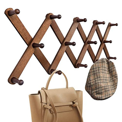 OROPY Accordion Wall Hanger with 14 Pegs, Expandable Wooden Coat & Hat Rack | Walnut Color, Hat Display Rack, X Shape Rack for Coat, Hats, Bags, Baseball Caps, Coffee Mug, Jewelry