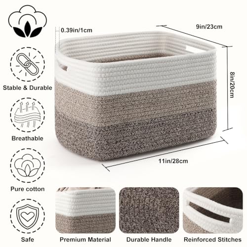 4 Pack Storage Baskets for Organizing, 11''Lx9''Wx8''H Woven Baskets for Storage Toys, Towels, Books, and Clothes, Cotton Rope Basket for Shelves with Handle