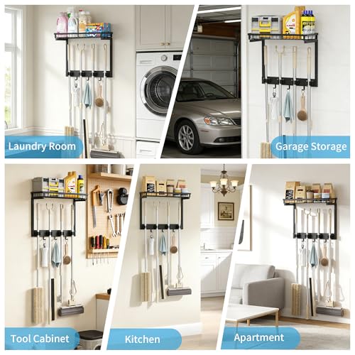 XLP Heavy Duty Broom Holder Wall Mount, All-Metal Cleaning Supplies Organizer & Mop Holder, Space Saving Wall Hanging Rack with Hooks for Home, Garage, Laundry Room - Black