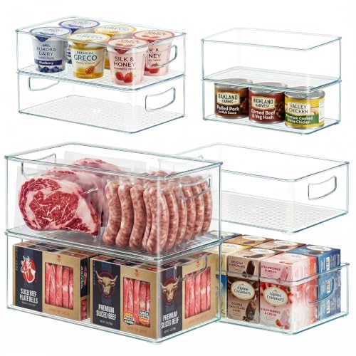8 PACK Freezer Organizer Bins Fridge Organizers and Storage Stackable Refrigerator Organizers Bins with Side Handles Clear Storage Bins for Pantry, Under Sink, Kitchen Cabinet