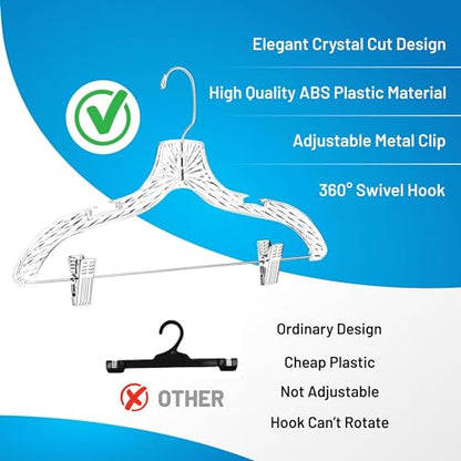 DEILSY™ Clothes Hangers with Clips 12 Pack Crystal Clear Plastic Hangers | Pants hangers with clips and 360° swivel hook, clip hangers for pants, skirts, suits and dresses in any closet