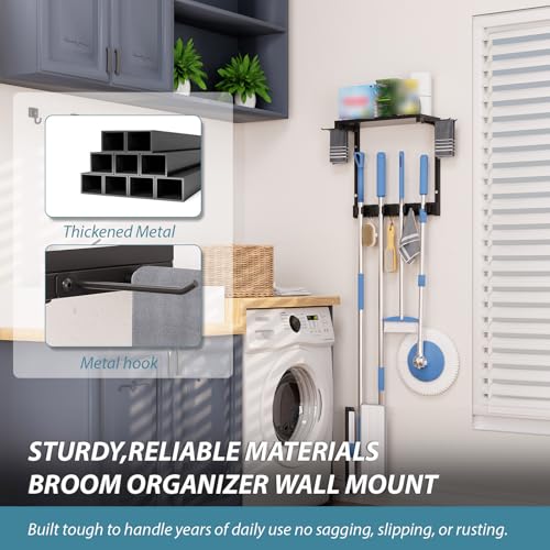 Wall Mount Broom Mop Holder, Cleaning Organizer with Storage Shelf | Wall Mount Broom & Mop Holder with Shelf. Organizes cleaning tools, space-saving, easy install for kitchen, laundry & garage.