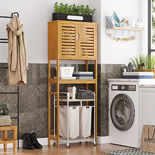 Over The Toilet Storage Cabinet, Tall Bathroom Cabinet Organizer with Cupboard and Adjustable Shelves, Freestanding Toilet Shelf Space Saver Rack Stand for Laundry Room, Balcony, Bamboo