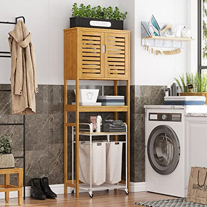 Over The Toilet Storage Cabinet, Tall Bathroom Cabinet Organizer with Cupboard and Adjustable Shelves, Freestanding Toilet Shelf Space Saver Rack Stand for Laundry Room, Balcony, Bamboo