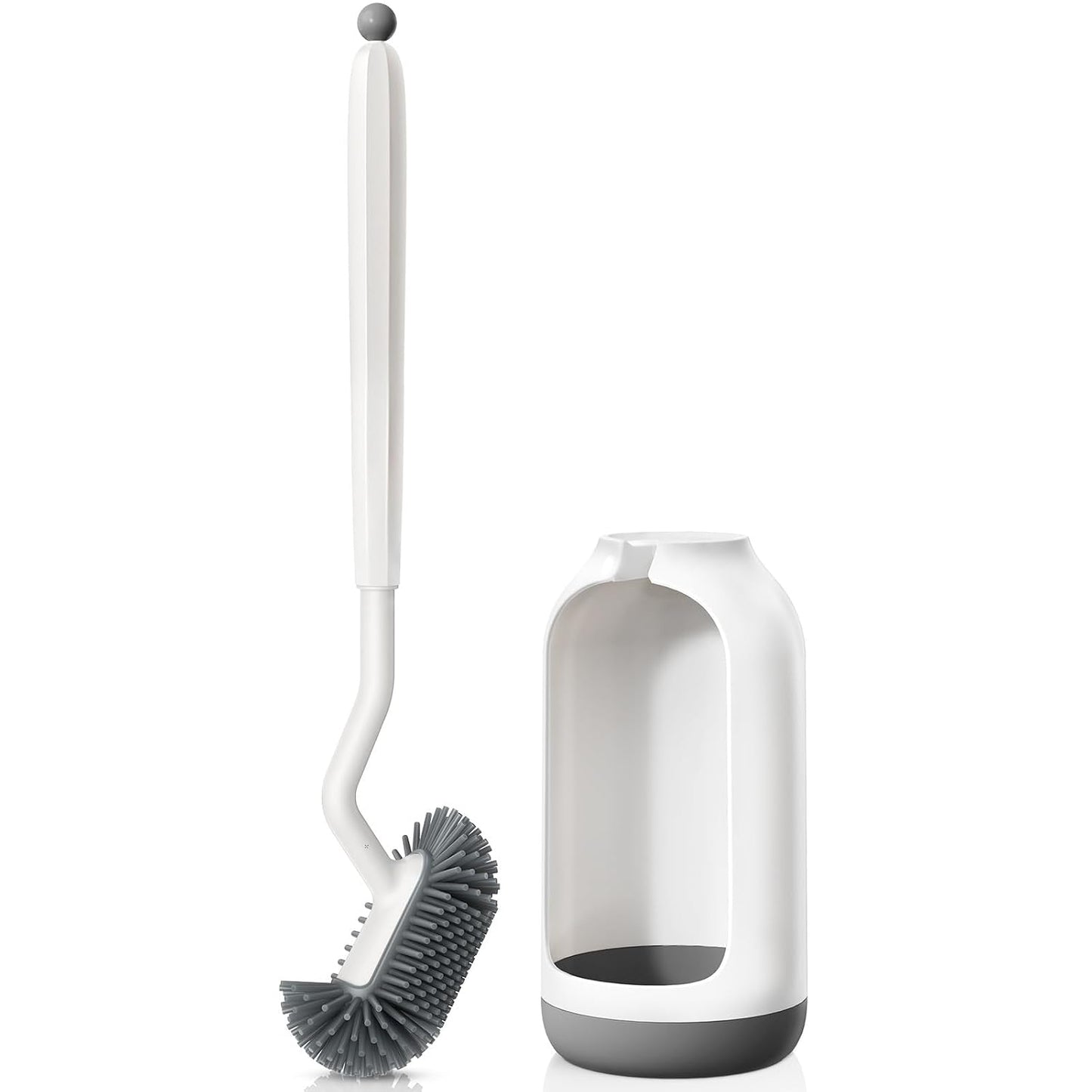 HAMITOR Toilet Bowl Brush Holder Set: Deep Cleaning Silicone Toilet Cleaner Scrubber Under Rim with Curved Bristle for Bathroom Dead Corner Clean - Modern Rv Toilet Decorative Accessories - White