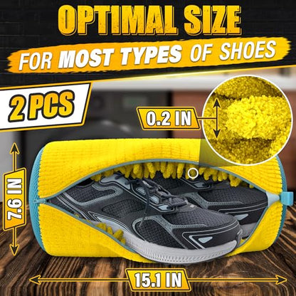 2 Pcs Reusable Shoe Washing Machine Bag, XXL with Zipper, Yellow | Shoe Bag for Washing Machine & Dryer; Fluffy Fibers Clean Every Side; Protects Shoes; Fits Sneakers US 6 to 12; Hanging Loop
