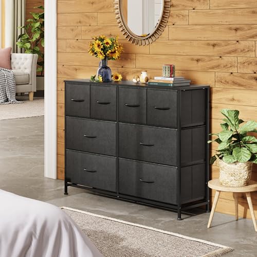 WLIVE Wide Dresser for Bedroom, 8 Drawer Chest of Drawers, Black | 8 roomy fabric drawers, Wide storage design, Bedroom or closet use, Sturdy steel frame, Smooth wood tabletop