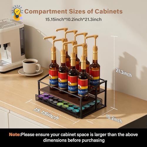 kimilus Coffee Syrup Rack Organizer, 3-Tier 8 Bottle Syrup Rack with 35 K Cup Drawer for Coffee Bar, Countertop Bottle Holder Stand for Dressing for Kitchen Cafe Station