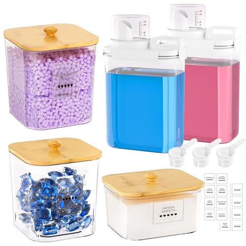 Homde Clear Laundry Detergent Dispenser: Reusable 3+2 Pack with Lids | Pods Container for Dryer Balls - Plastic Sheets Holder Set for Scent Booster
