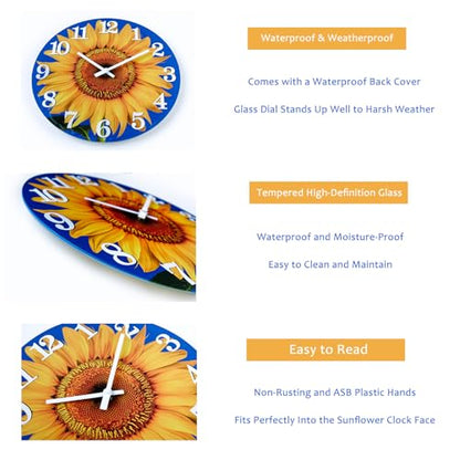 Yoiolclc Outdoor Clock Waterproof-Decorative Sun Flower Wall Clocks for Pool Patio Porch Garden(12 Inch,Sunflower)
