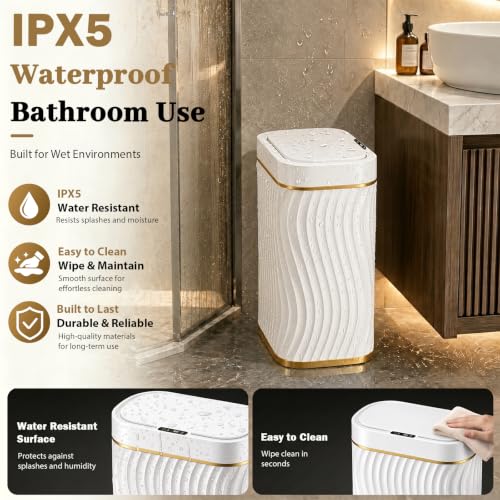 2.6 Gallon Automatic Bathroom Trash Can with Touchless Lid, White Gold | Motion Sensor Trash Can with Slim Waterproof Body; Small Plastic Garbage Can, hands-free lid for Bedroom, office, and kitchen
