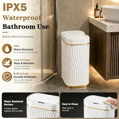 2.6 Gallon Automatic Bathroom Trash Can with Touchless Lid, White Gold | Motion Sensor Trash Can with Slim Waterproof Body; Small Plastic Garbage Can, hands-free lid for Bedroom, office, and kitchen