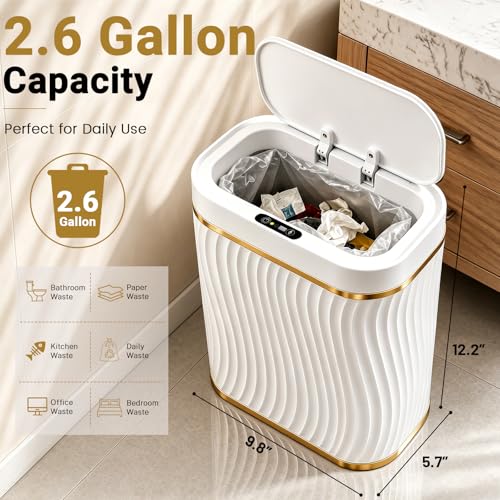 Bathroom Small Trash Can with Automatic Touchless Lid, 2.6 Gallon Smart Garbage Can Narrow Waterproof Trash Bin for Bedroom, Office, Living Room