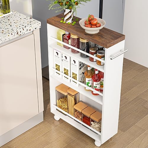 Tribesigns Slim Storage Cart, Rolling Narrow Kitchen Cart on Wheels for Small Place, 4-Tier Slide Out Slim Utility Cart Skinny Laundry Cart with Handle for Kitchen, Bathroom, Laundry