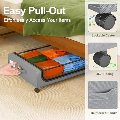 GoMaihe Under Bed Storage with Wheels 48L Grey 2-Pack | Rolling Bins for Shoes Clothes in Dorm Bedroom - Metal Drawers Easy Pull-out