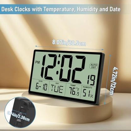 9‘’ Narrow Bezels Battery Operated Digital Wall Clock with Temperature and Humidity - Auto DST, Large 2⅝'' Digits, 5-Level Volume Alarm (3 AA Included) - Wall Mount/Desktop for Office Bedroom Kitchen