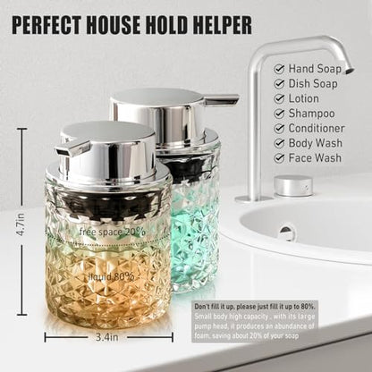 Malachi Foaming Hand Soap Dispenser, Refillable Clear Glass Foam Pump Bottle for Hand Soap, Dish Soap, Body Wash, Shampoo, Facial Cleanser & Baby Wash, Multi‑use for Bathroom, Kitchen & Commercial Use