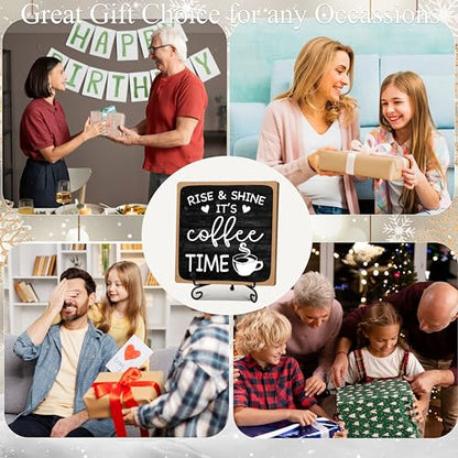 Farmhouse Coffee Bar Sign, Rise & Shine It's Coffee Time | 5"x5" Wood Plaque with Stand Gift for Home Kitchen Tabletop Decor | B09