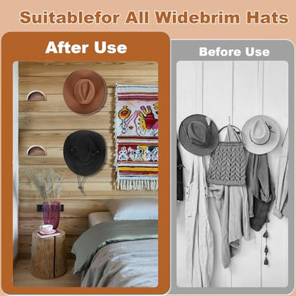 Walnut Wood Cowboy Hat Rack for Wall, 2-Pack | Retro Western Hat Holder with Wide Curve Design to Preserve Shape and Prevent Brim Damage, for Entryway, Mudroom or Closet