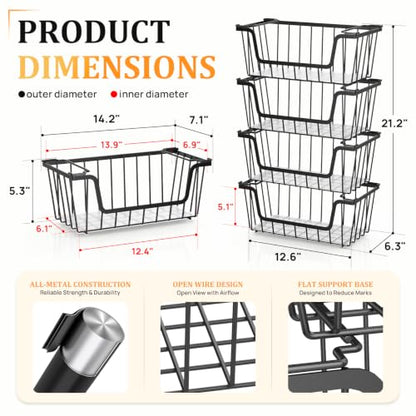 SUNALLY Stackable Storage Bins 4 Pcs Wire Baskets Freezer Organizer, Black | Pantry Organizers Storage, Vegetable Fruit Storage Basket for Countertop, Kitchen Baskets for Onion Potato Snack Cans Storage