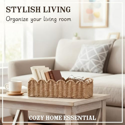 Upgraded Paper Rope Scalloped Edge Toilet Paper Storage Basket, Small Living Room, Bedroom Decor Baskets for Over Toilet Storage Shelf, End Table, Shelves and More, with 2 Wooden Handle (Neutral)