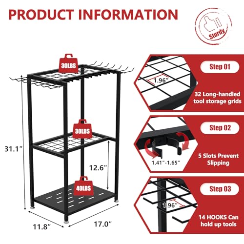 Garden Tool Organizer, 3-Tier Metal Yard Tool Rack with 14 Hooks & 5 Slots, Holds 50+ Rakes/Shovels/Brooms, Heavy Duty Freestanding Lawn Tool Storage for Garage Shed Outdoor Organization