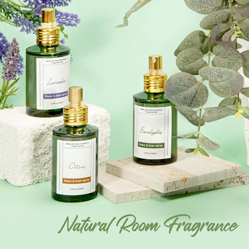 Room Spray Odor Eliminator 3 Pack, Natural Essential Oil Air Freshener Spray for Home Bathroom and Kitchen, Lavender, Citrus, Eucalyptus